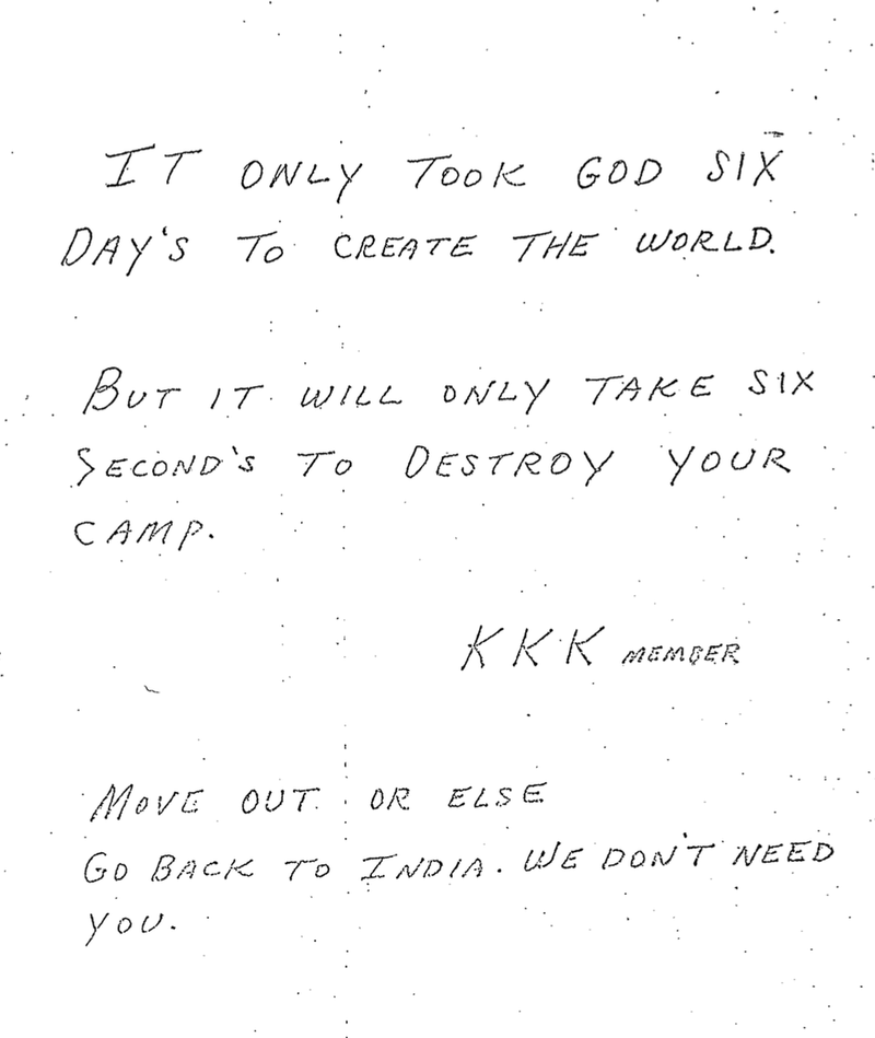 A hand written death threat made to the Rajneeshee cult in Oregon in November of 1982 and forwarded to the FBI for review (FBI)
